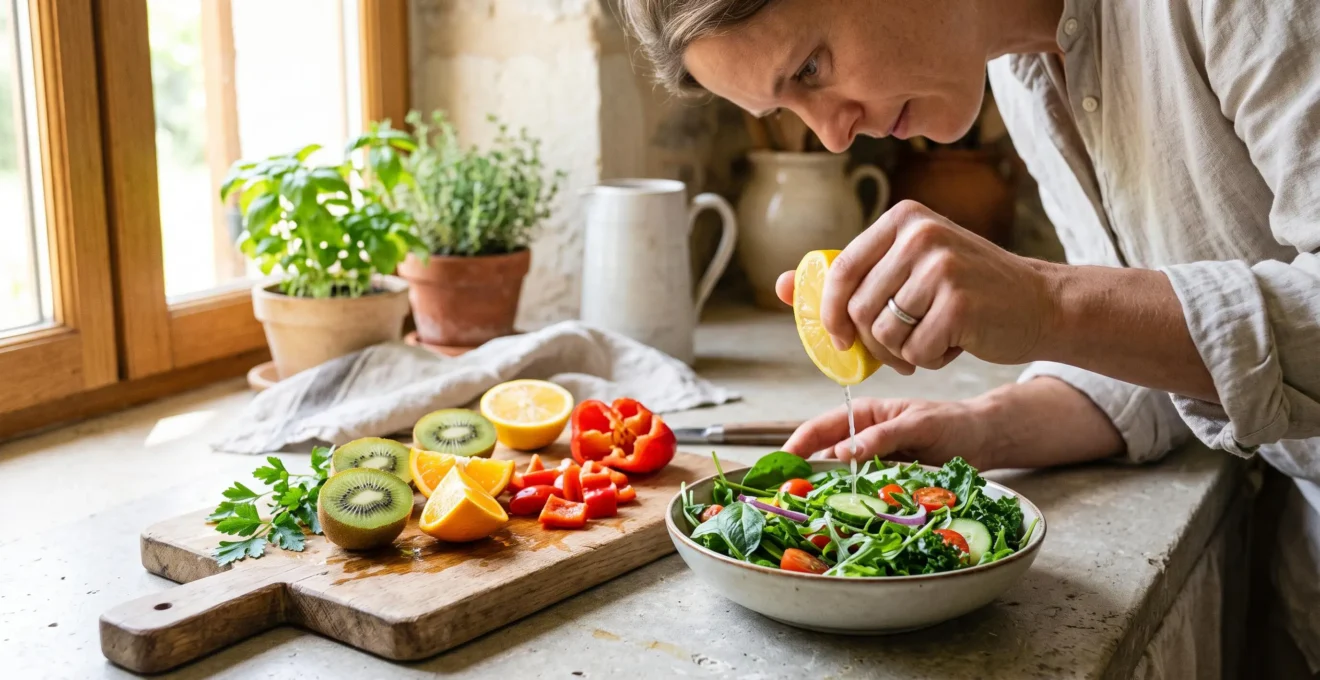 Des mains pressent un demi-citron sur une salade fraîche entourée de kiwi, d'orange et de poivron sur un plan de travail de cuisine.