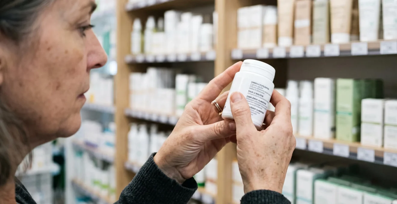 Une femme lit l'étiquette d'un pot de complément alimentaire dans le rayon d'une parapharmacie.