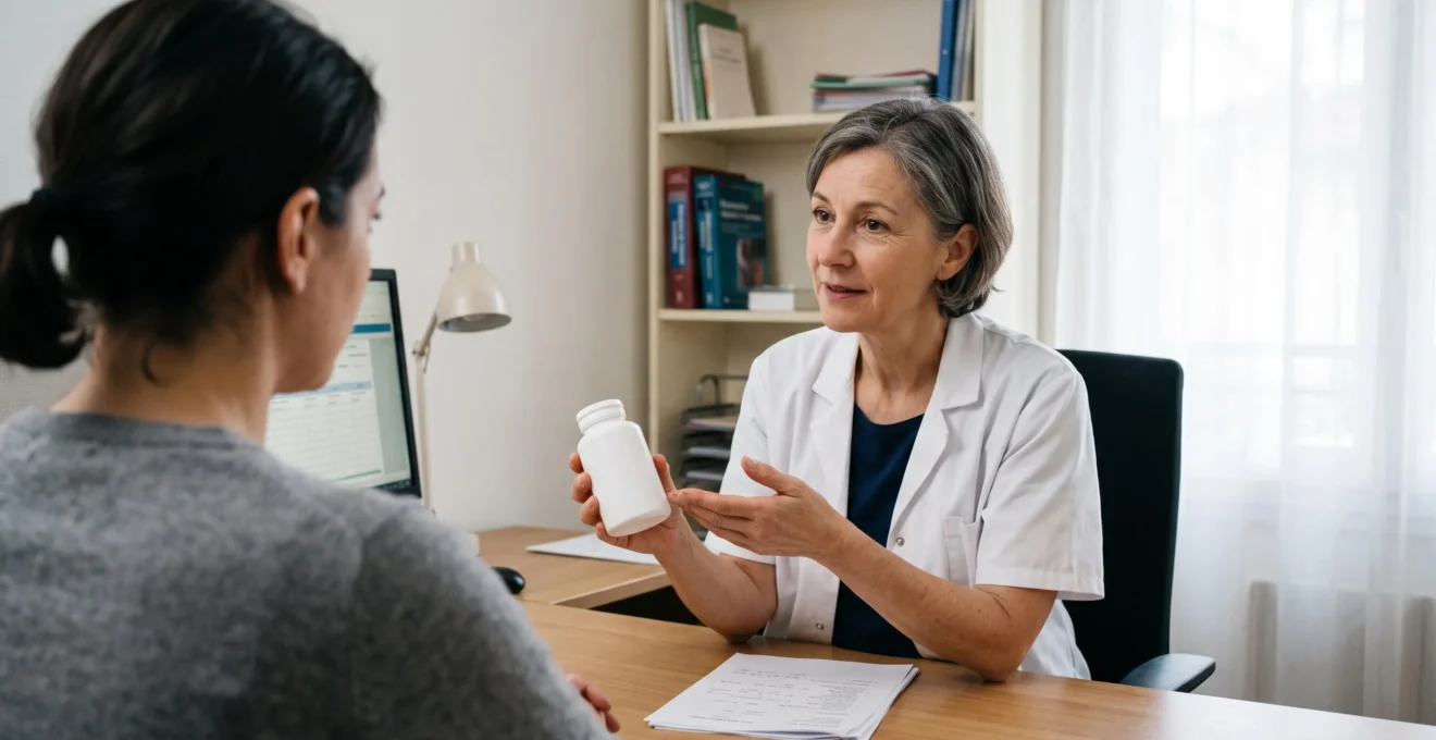 Un médecin en consultation présente un pot de complément alimentaire à son patient assis en face de son bureau.