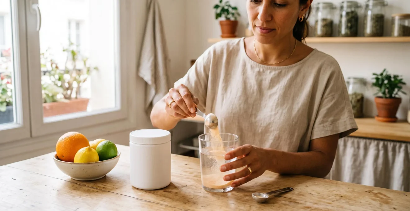 Une nutritionniste verse de la poudre de vitamine C dans un verre d'eau à côté d'un pot de poudre de collagène et d'agrumes frais sur un plan de travail.